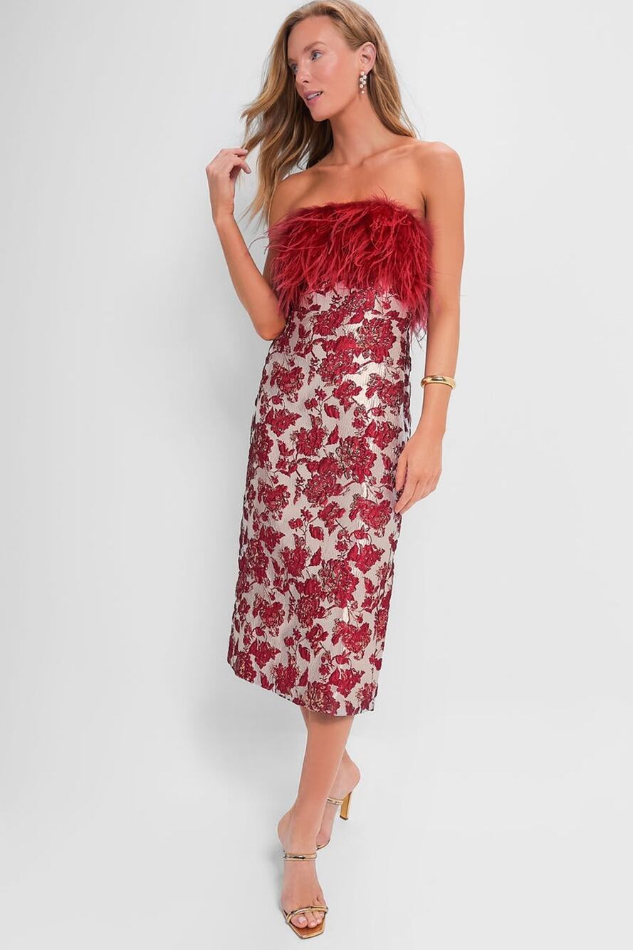 HYACINTH HOUSE Red Jacquard Feathered Reina Maxi Dress Size M NWOT